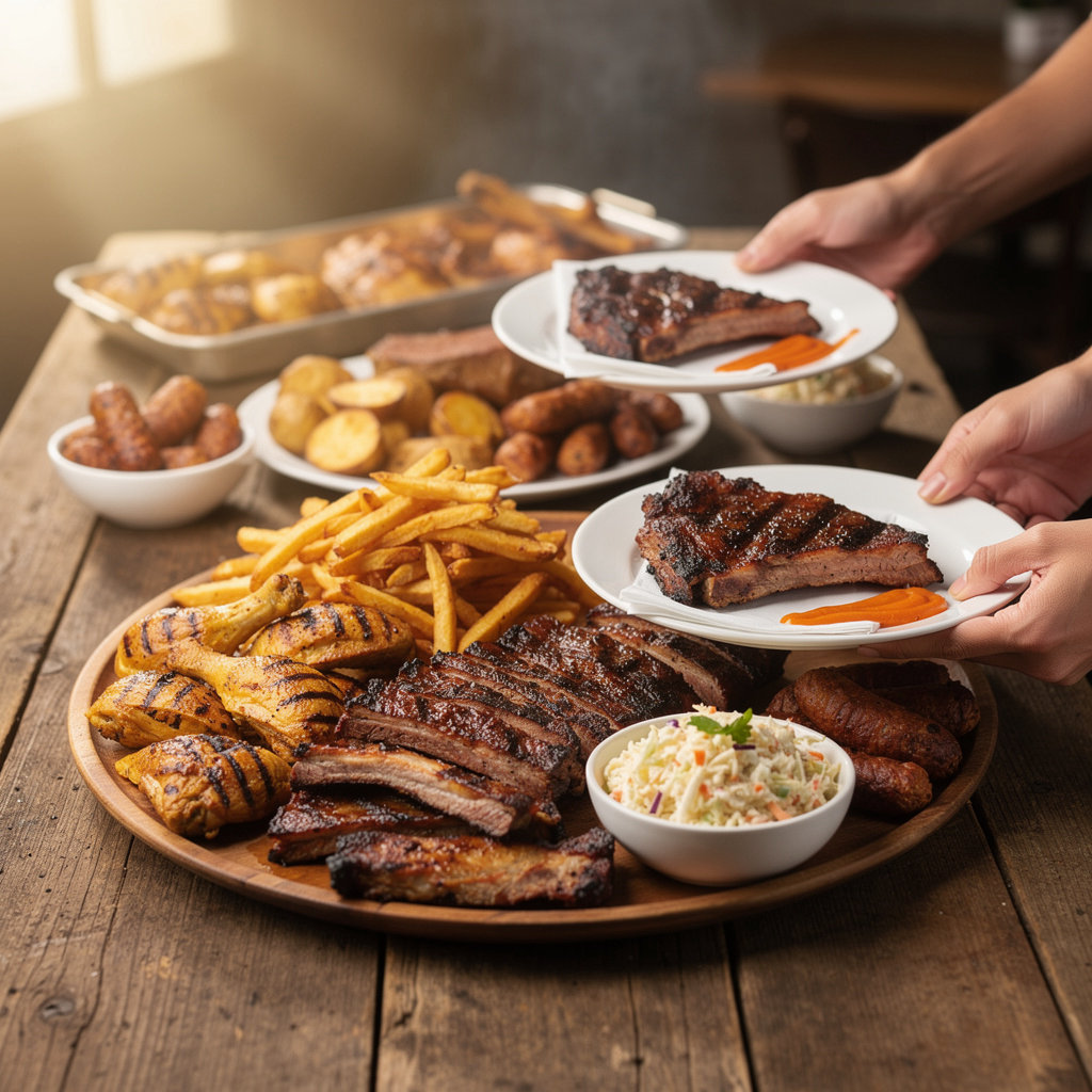 Razvan's Barbecue signature mesquite-grilled ribs, chicken, and fresh-cut sides showcasing generous portions