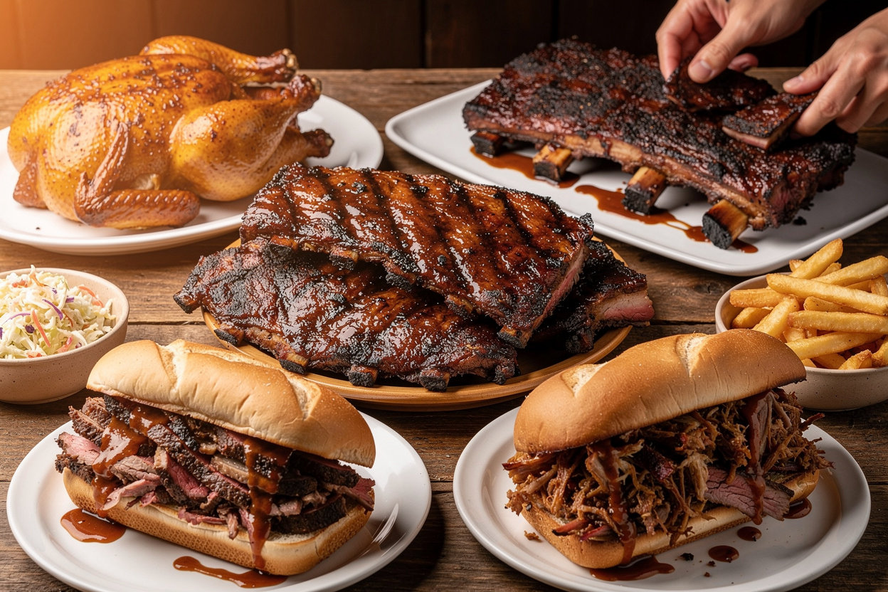 Razvan's Barbecue mesquite-grilled baby back ribs, beef ribs, and BBQ chicken with signature sauce and fresh-cut fries